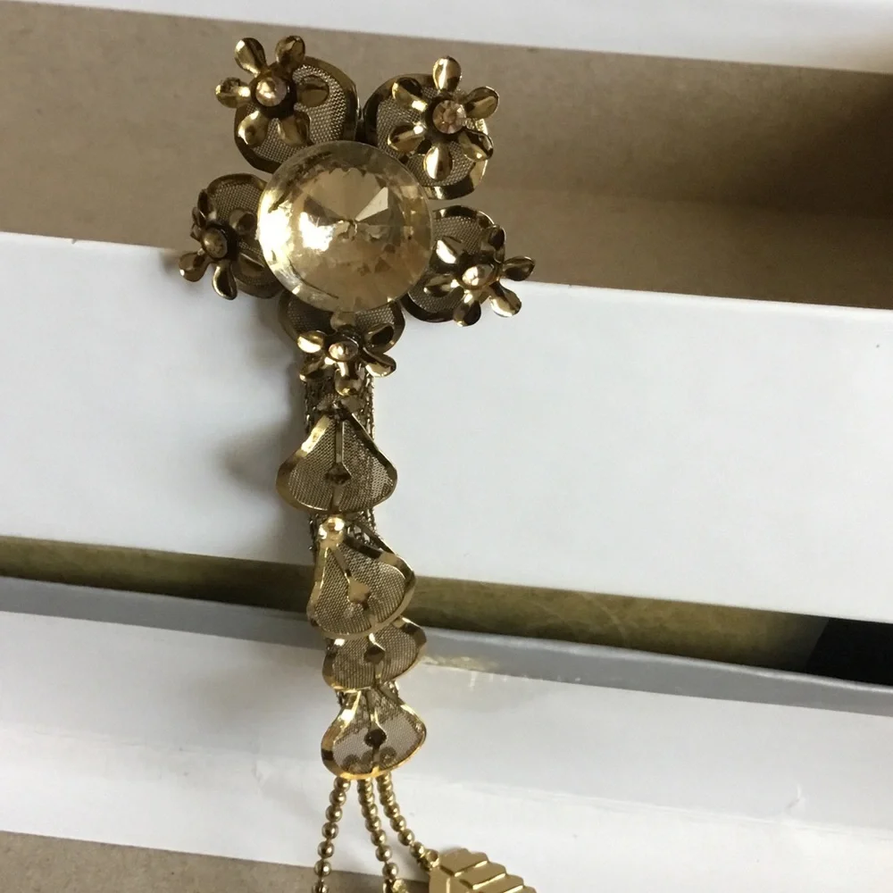 Gold Floral Drop Brooch with Leaf Dangles - Women's Jewelry